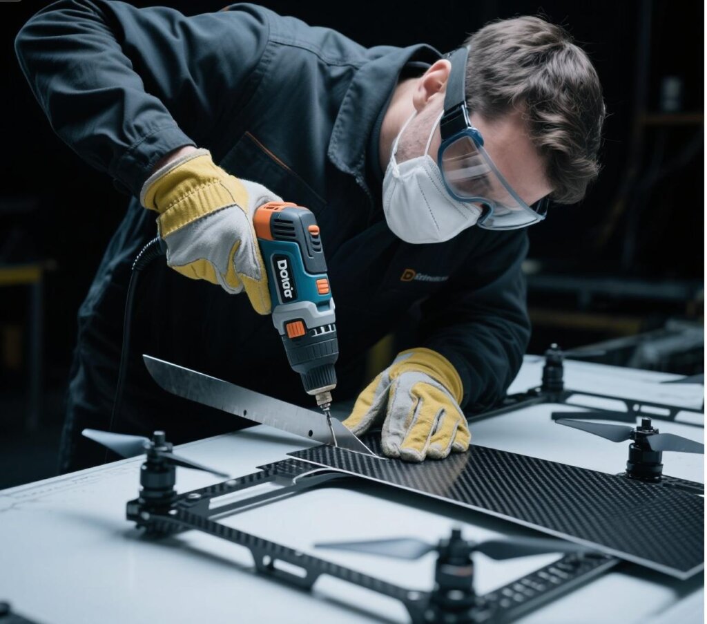 alt="Designer sketching drone frame plans incorporating carbon fiber square tube."