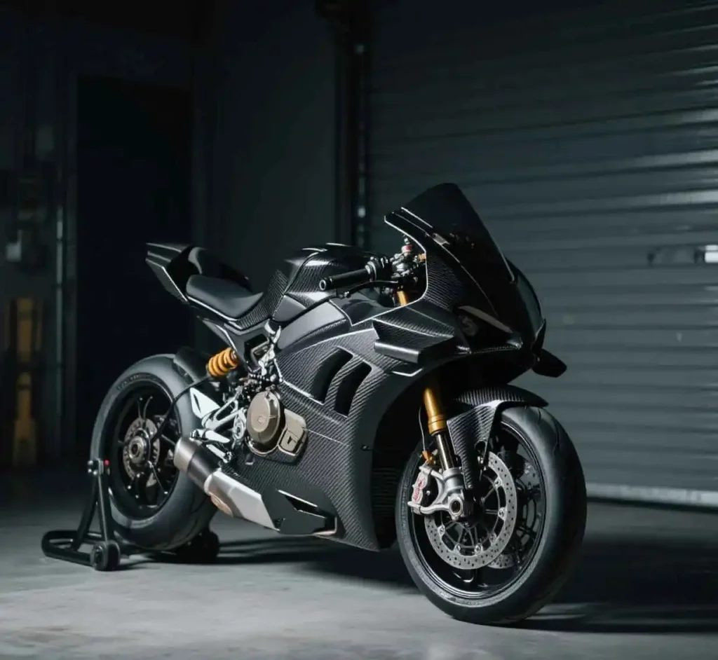 alt="Motorcycle featuring custom DIY carbon fiber parts on display"