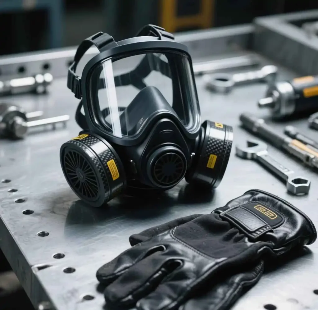 alt="Essential safety gear for working with carbon fiber including respirator and gloves"