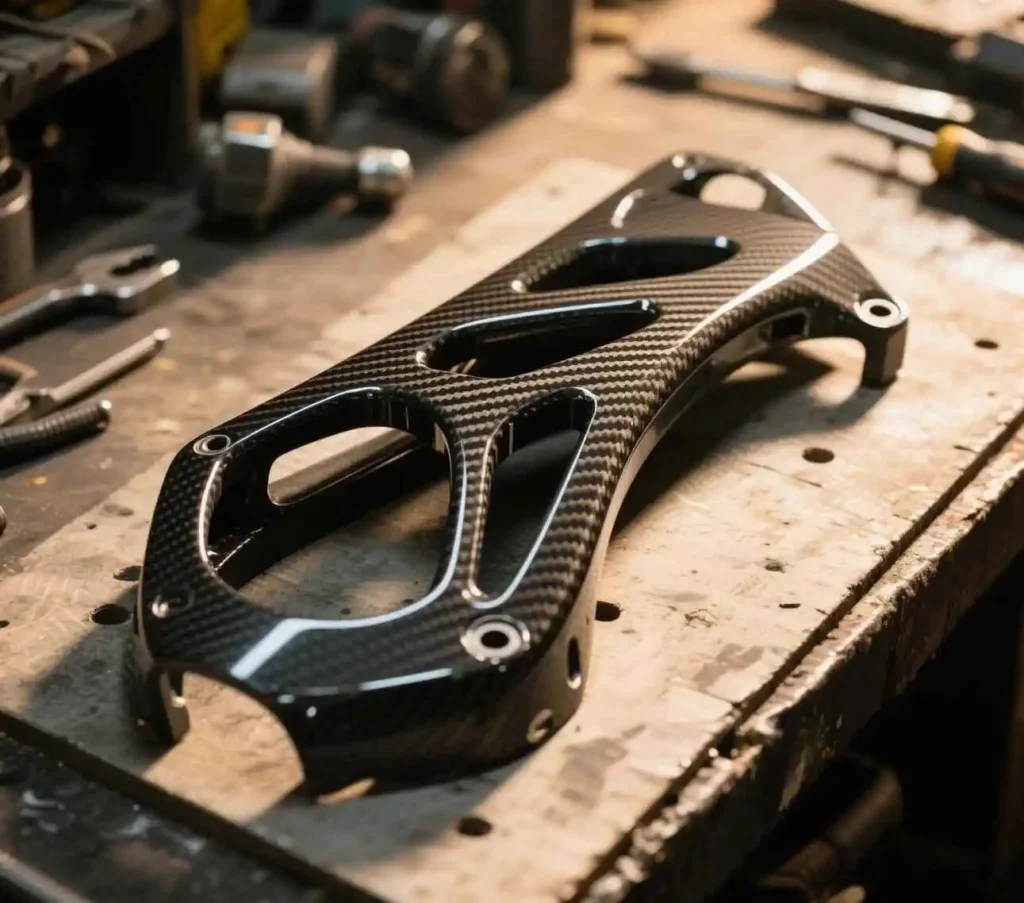 alt="A prepared mold ready for carbon fiber layup for a motorcycle part"