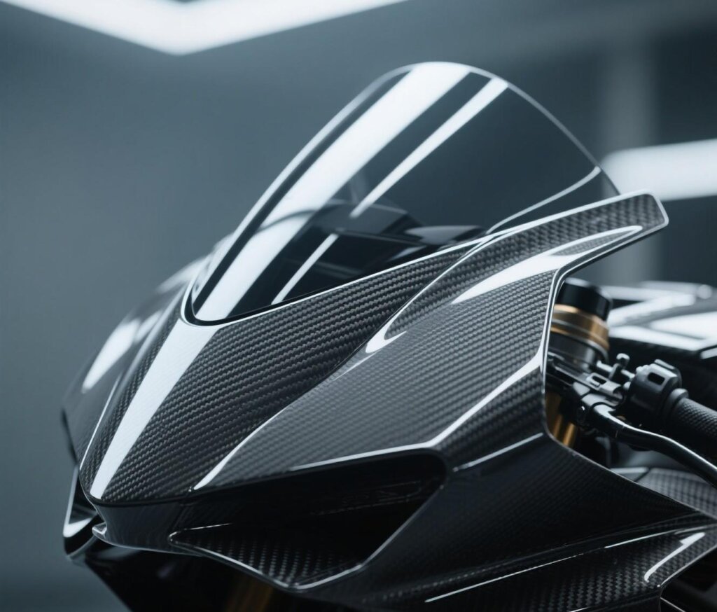 alt="Motorcycle fairing made from carbon fiber kevlar sheets"