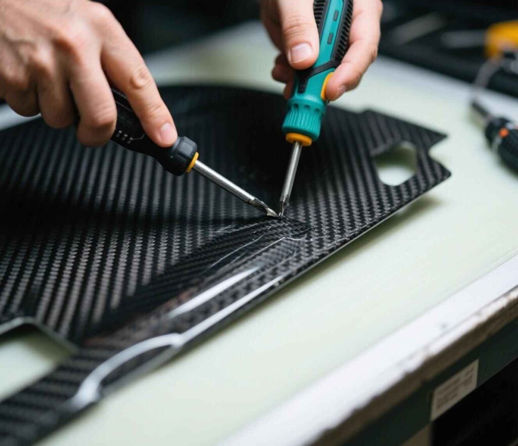 alt="Damaged 3mm carbon fiber sheet showing a crack"
