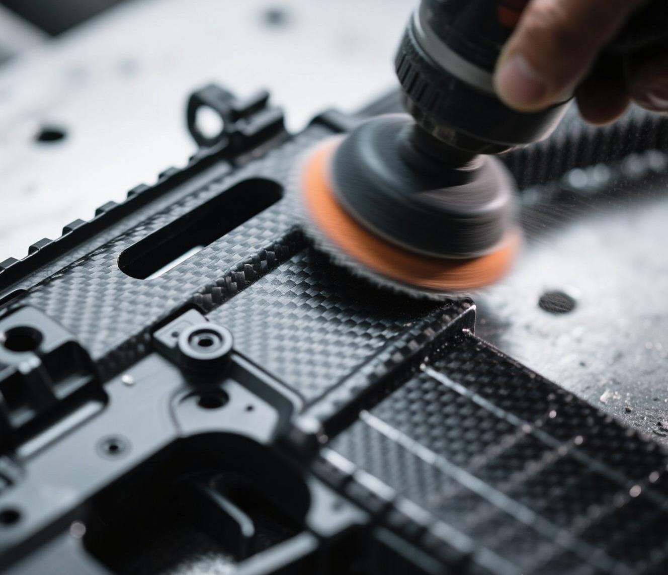 alt="Close-up sanding process on carbon fiber AR part"