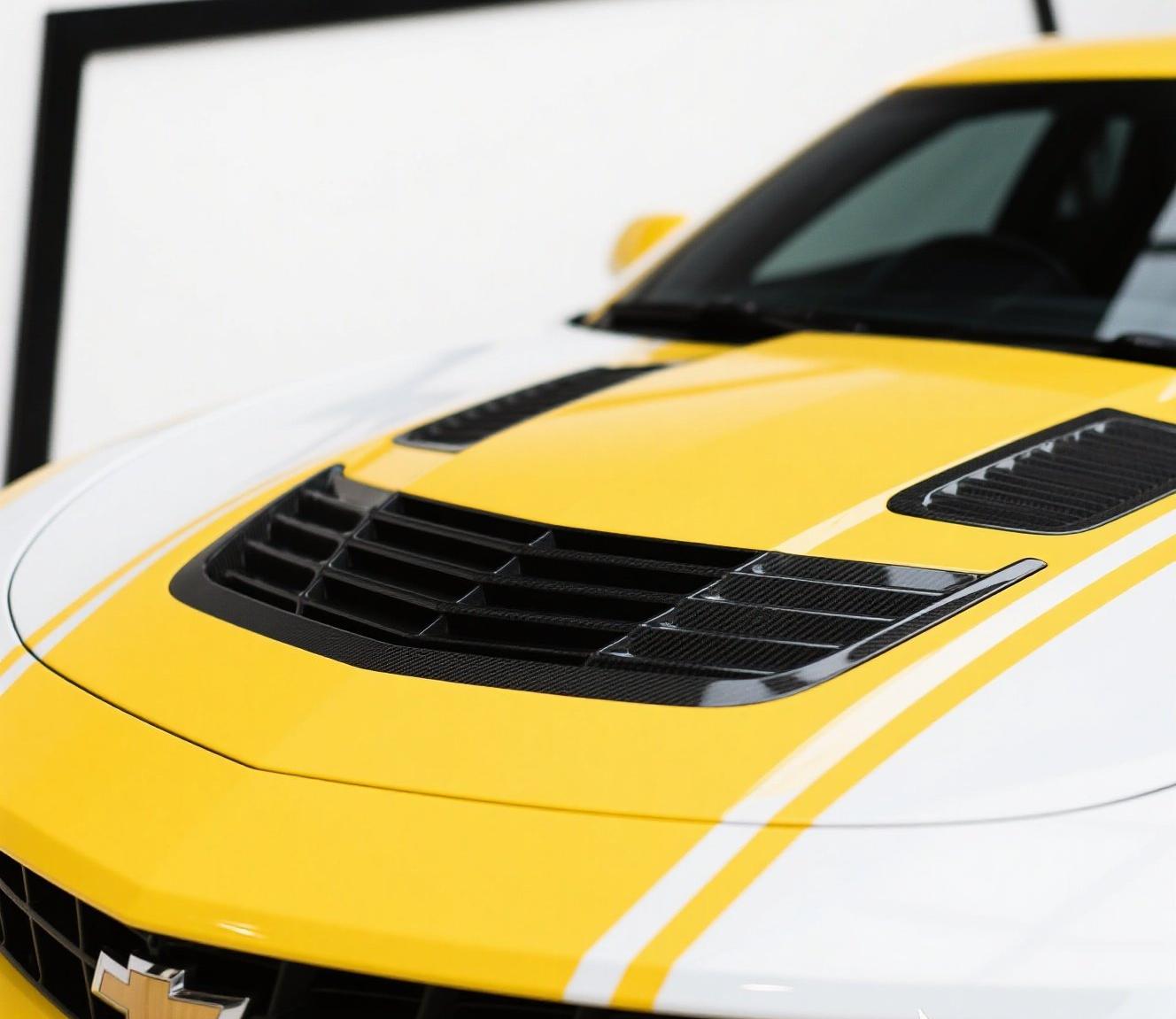 alt="Painted custom carbon fiber parts on Camaro hood"