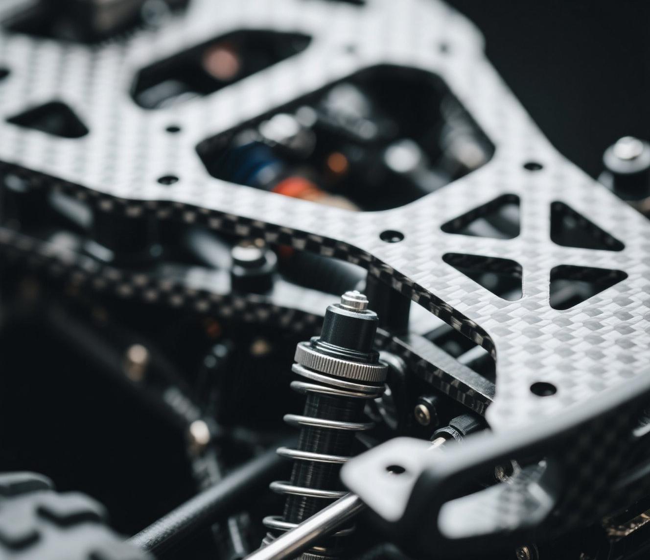 alt="Carbon fiber chassis on RC drift car track"