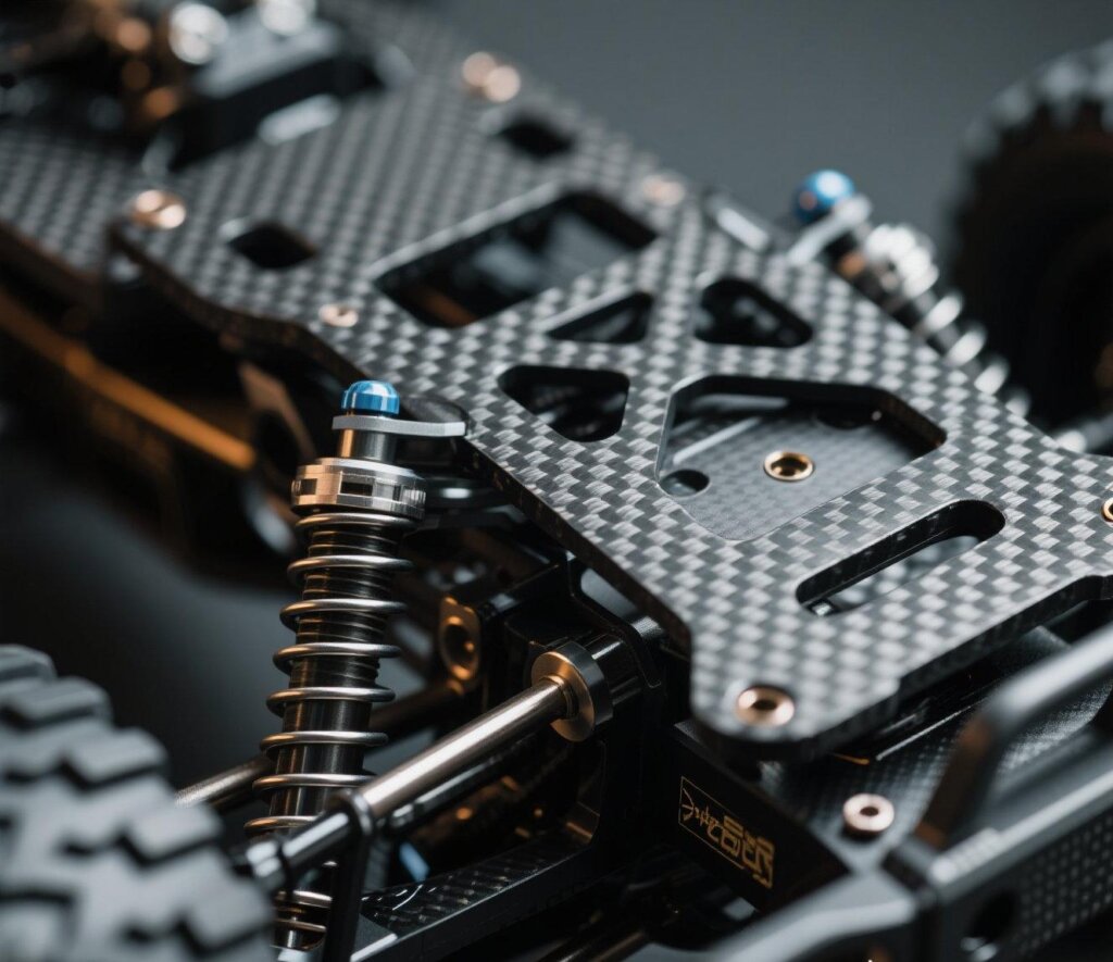 alt="Side-by-side comparison of aluminum and carbon fiber chassis"