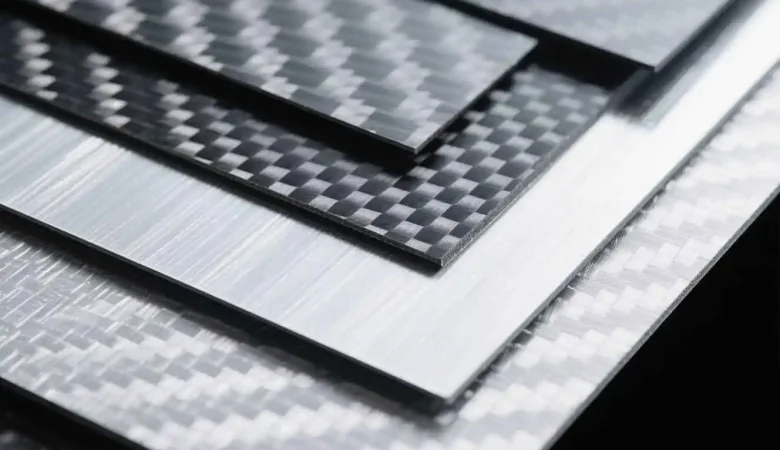 alt="Various types of real carbon fiber sheets including raw and laminated"